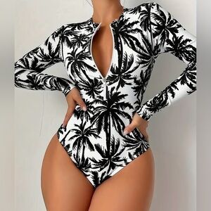 Tropical Palm Tree Print Long Sleeve Zipper Swimsuit